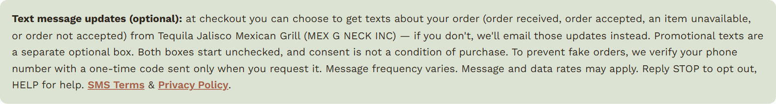 Order page notice describing text message updates, frequency, rates, and STOP/HELP instructions