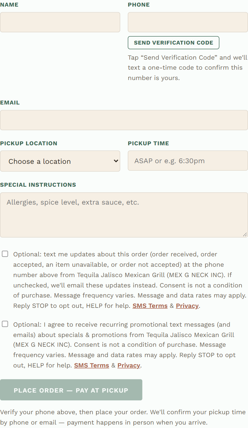Checkout form with phone verification and two separate unchecked optional checkboxes: order-update texts and promotional texts