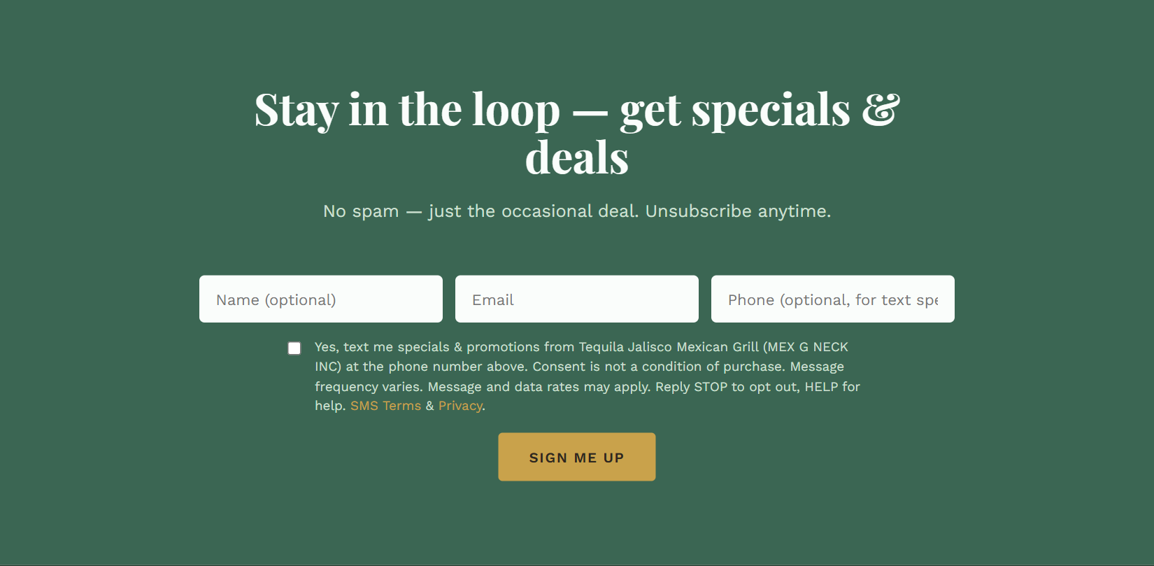 Newsletter signup with an unchecked checkbox for promotional text messages above the Sign Me Up button
