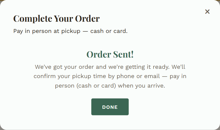 Order confirmation shown after placing the order
