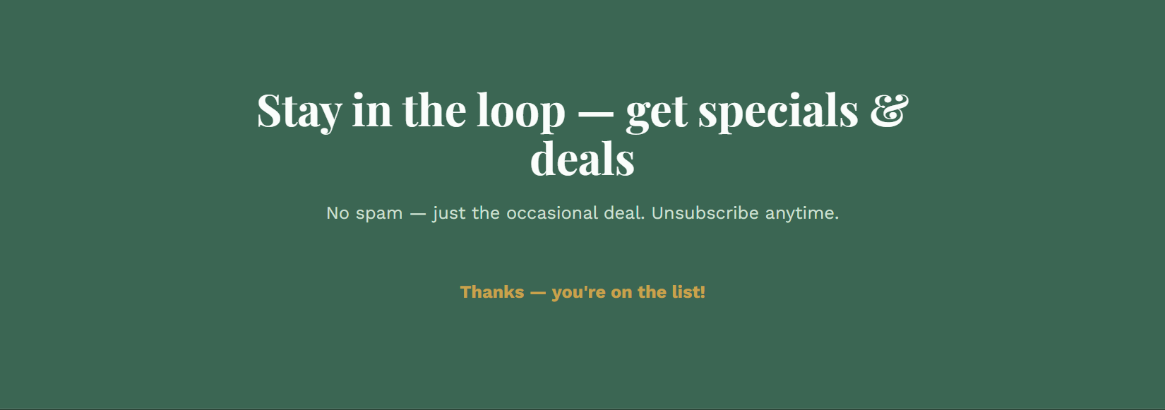 Newsletter confirmation shown after signing up